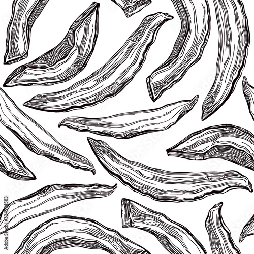Hand drawn dried melon slice sketches seamless pattern. Engraved style dehydrated fruit background. Realistic oriental sweets vector illustration. Dried melon backdrop