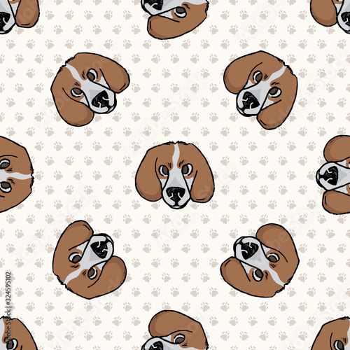 Hand drawn cute foxhound hunting dog face seamless vector pattern. Purebred pedigree domestic dog on paw background. Dog lover english pet all over print. Kennel pooch. EPS 10.  photo