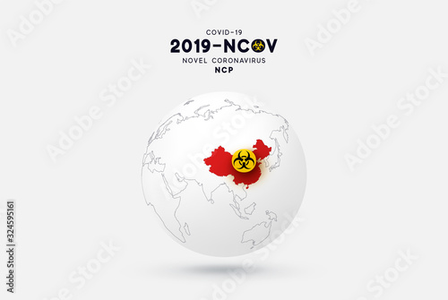 Novel Coronavirus (2019-nCoV). China pathogen respiratory coronavirus 2019-nCoV originating in Wuhan, Asia-China map infographics. Virus Covid 19-NCP. nCoV denoted is single-stranded RNA virus.