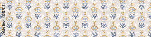 Seamless ornate medallion border pattern in french cream linen shabby chic style. Hand drawn floral damask bordure. Old white blue background.  Interior home decor edging. Ornate flourish ribbon trim