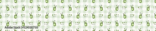 Hand drawn whimsical garden plant pot seamless border pattern. Vector vintage gingham check retro banner background. Green flower farm market tablecloth washi tape edging. Drawn sketchy ribbon trim.