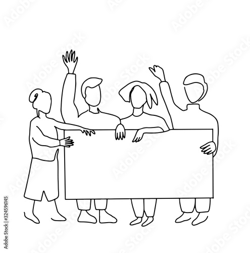 Group of protesting people with poster standing at the meeting. Protest concept.