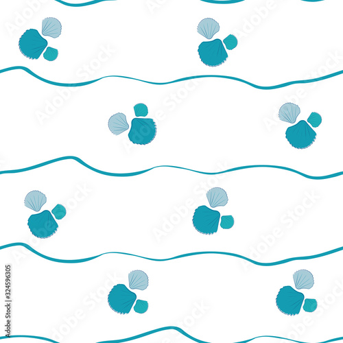 Sea shells on beach seamless vector pattern. Hand drawn line art. Minimal mollusc repeat with doodle waves. Aquatic illustration all over print for hot summer vacation resort concept.