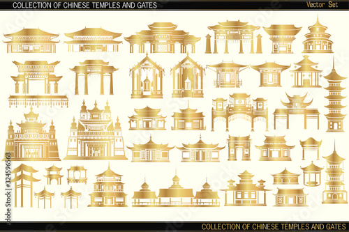 Set of golden Chinese buildings and temples on a light background. Chinese traditional architecture.