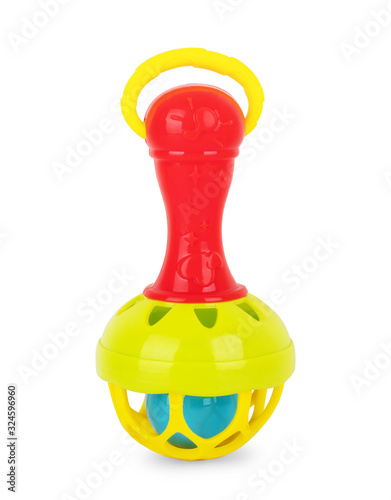 A colorful baby rattle on a white horizontal background