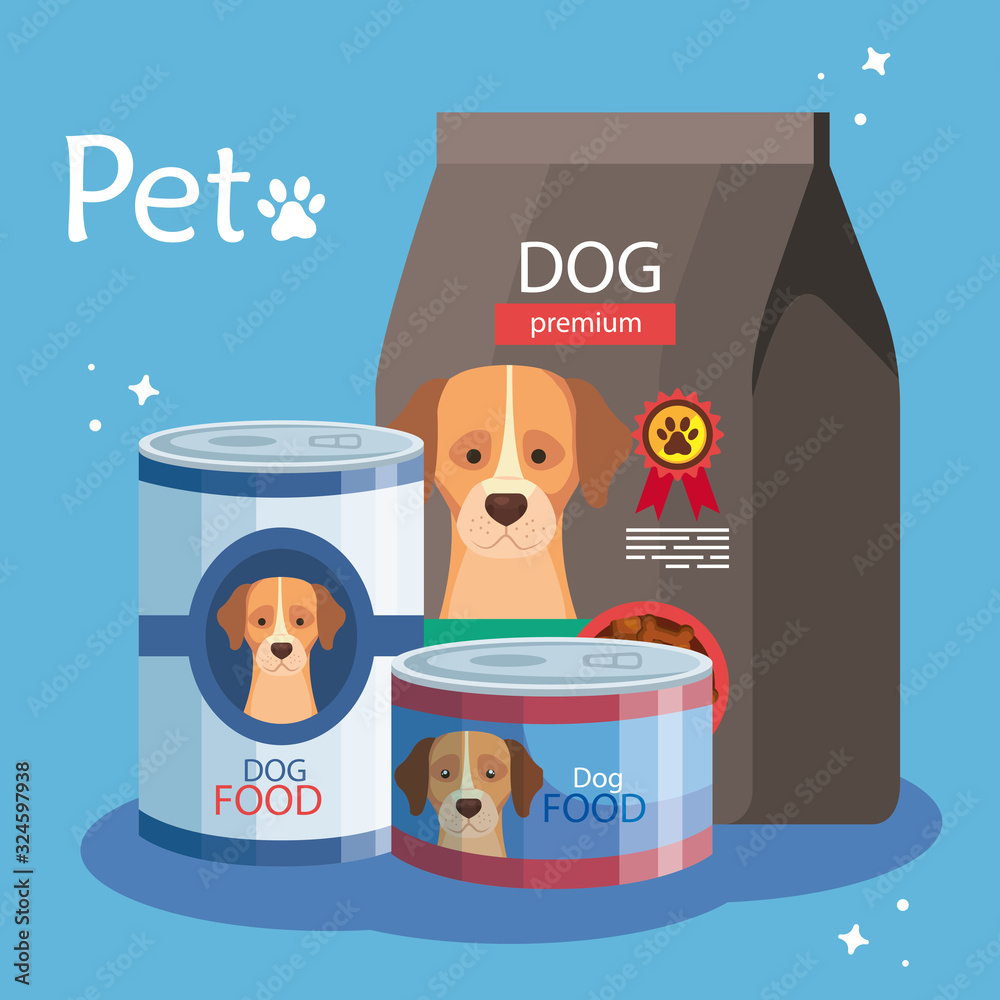 Plakat set of cans and bag of food for dog vector illustration design