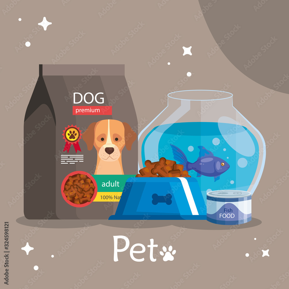 Plakat pet shop with food dog bag and icons vector illustration design