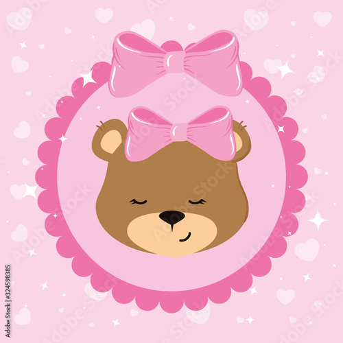 face of cute teddy bear female in lace frame vector illustration design