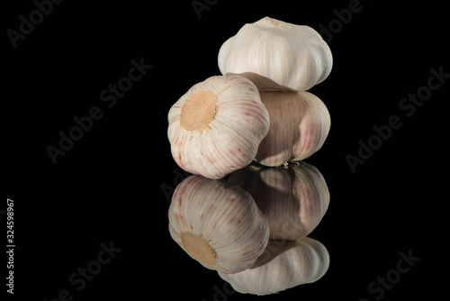 Still life photos of garlic in black background.