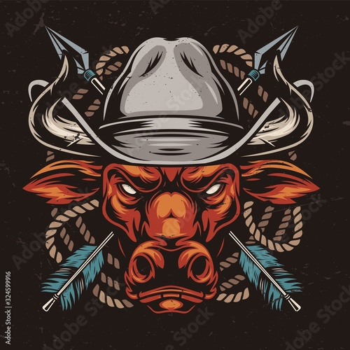 Angry red bull head in cowboy hat