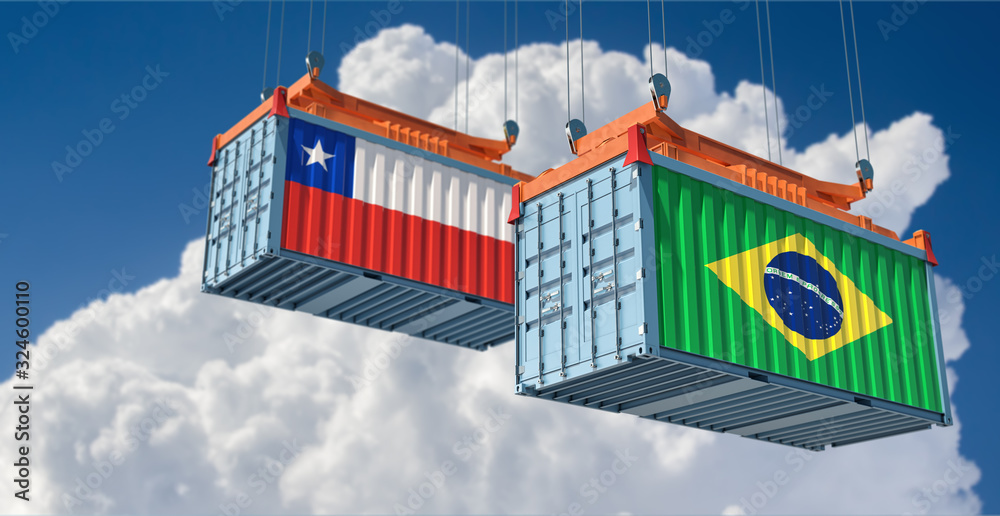 Freight container with Chile and Brazil flag. 3D Rendering
