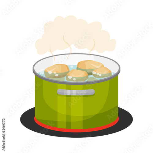 Peeled Potatoes Boiling in Cooking Pot Vector Illustration