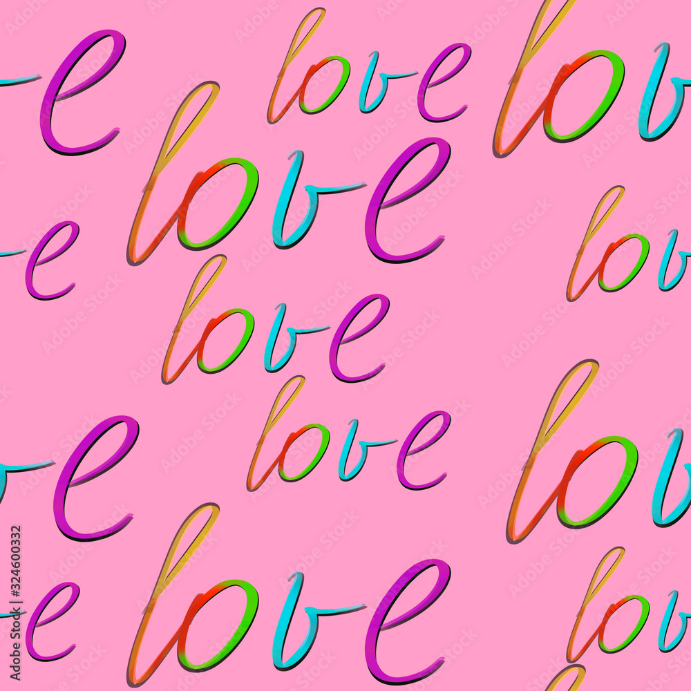 seamless pattern with love text on pink background. rainbow love text. Lettering. Typography. Pride concept. Love concept. LGBTQ pattern. Print, packaging, wallpaper, textile design