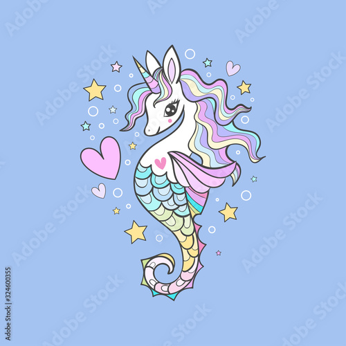 Seahorse, unicorn with a rainbow mane and heart. Cartoon style. Children's illustration. Sea theme. For the design of postcards, prints, posters, stickers. Vector