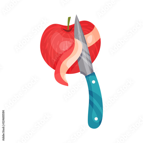 Process of Peeling Apple with Knife Vector Illustration
