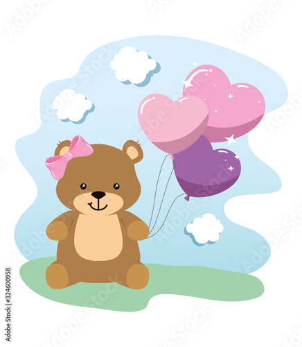 cute teddy bear female with balloons helium vector illustration design
