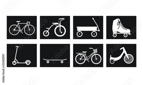 Bicycle Icons Set,with tricycle, wagon, roller skates, scooter, skateboard, big wheel, white on black