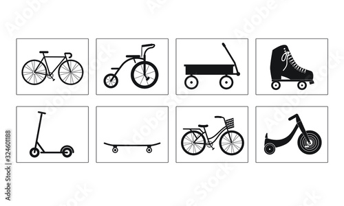 Bicycle Icons Set, with Tricycle, Wagon, RollerSkates, Scooter, Skateboard, Big Wheel, Black on White