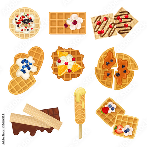 Different Waffles with Textured Surface and Sweet Chocolate and Berry Topping Vector Set