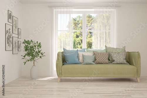 Minimalist living room in white color with sofa and summer landscape in window. Scandinavian interior design. 3D illustration