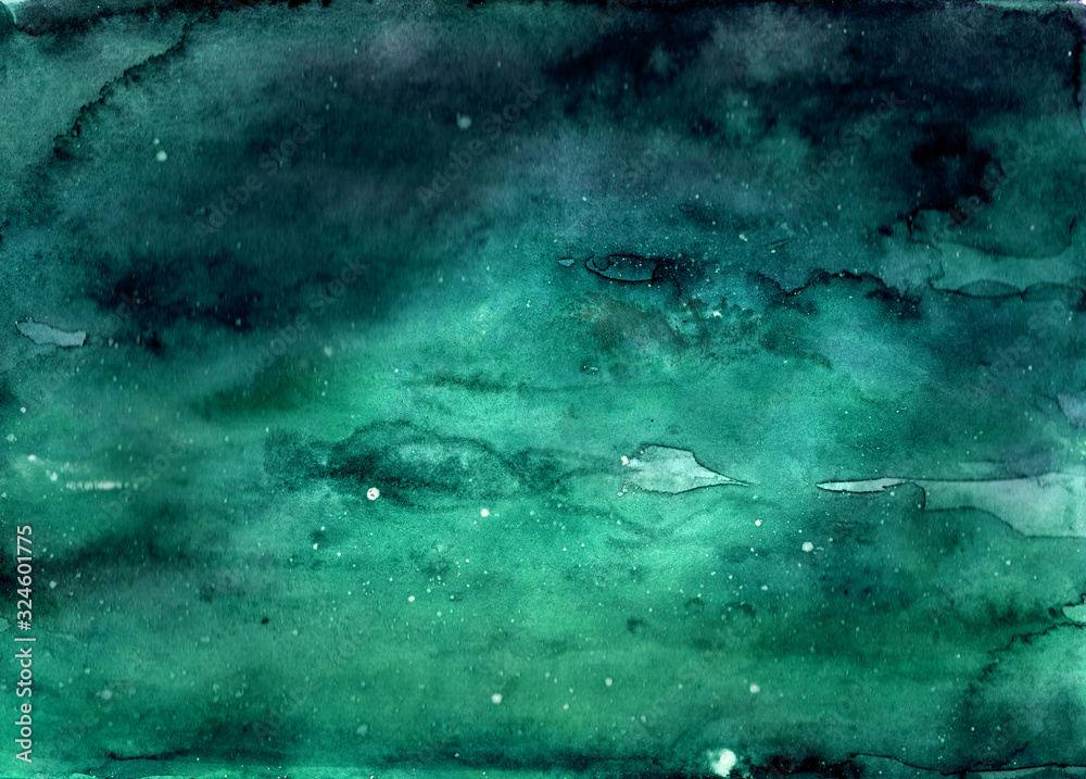 Liquid grunge background. Hand drawn watercolor blots and stains. Turquoise and green abstract marble gradient. Trendy design. Horizontal. Liquid, sea, ocean bottom.