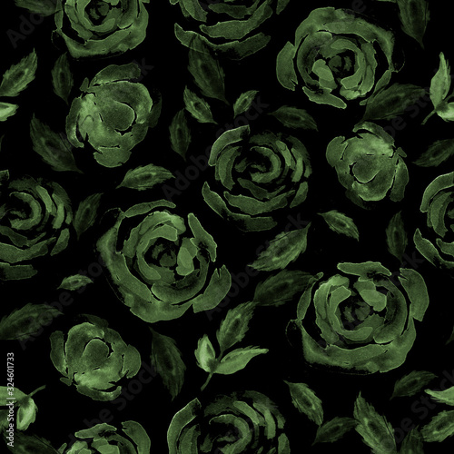 Green design Roses seamless pattern. Hand-drawn  watercolor  abstract flowers. Trendy Floral background. Botanical concept. Design for textile  fabric  gift paper  covering design. Woman s day. 