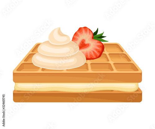 Rectangular Shaped Waffle with Textured Surface and Whipped Cream on the Top Vector Illustration