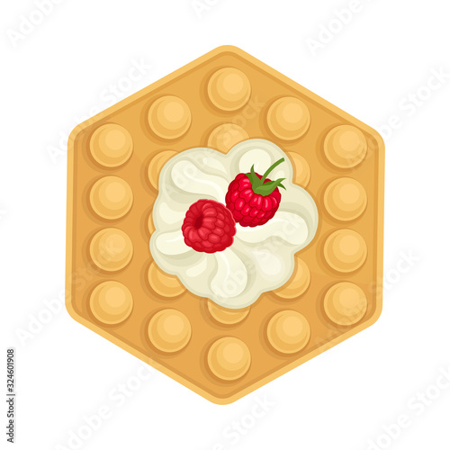 Rounded Waffle with Textured Surface and Creamy Topping with Raspberry Vector Illustration