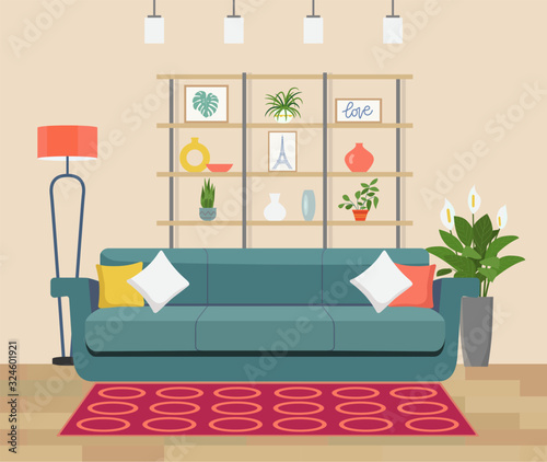Furniture: sofa, bookcase, picture, vase and plants. Living room interior.Flat style vector illustration