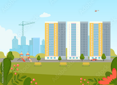 New appartment building at the residental area. Vector flat style illustration