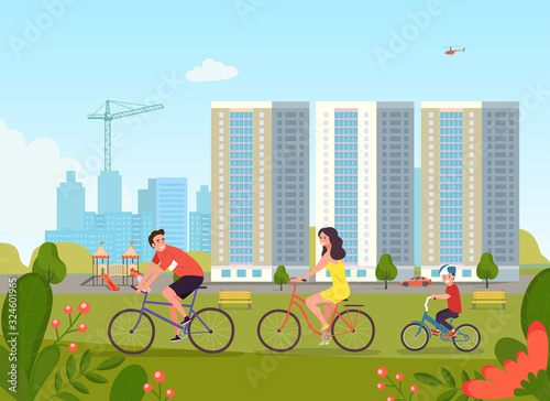 New appartment building and children's playground at the residental area. Family riding a bicycle. Vector flat style illustration