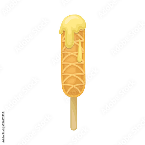 Waffle with Textured Surface and Creamy Topping on Stick Vector Illustration
