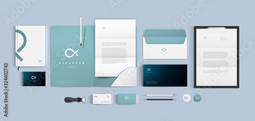 Premium corporate identity mockup set. Business stationery realistic design template. Blue color branding with folder, blank, brochure and visiting card. Minimal style vector logo. photo