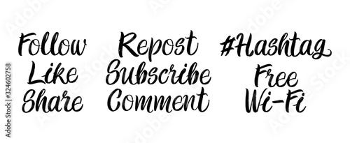 Set of handwritten web slang text for social media and blog posts. Follow, like, share, repost, subcribe, comment,hashtag, free wi-fi lettering inscription for blogger or group
