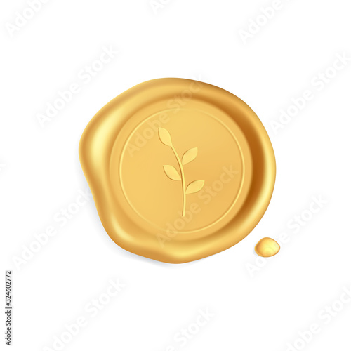 Wax seal with branch. Gold stamp wax seal with branch silhouette isolated on white background. Golden stamps for a gift certificate, a postcard, a wedding invitation card. Realistic 3d vector icon