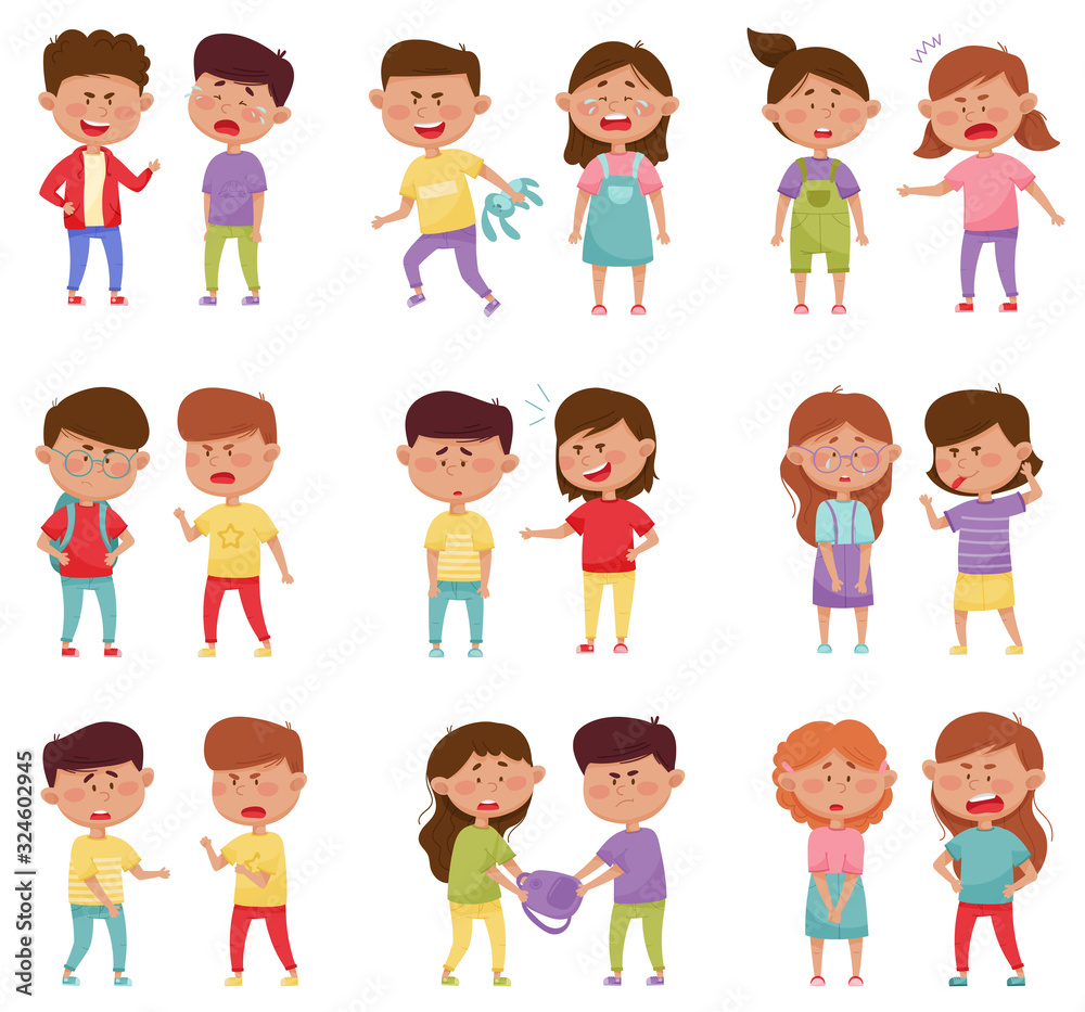 Bullying Children Characters Abusing and Treating Badly Another Kids Vector Illustrations Set Bullying Children Characters Abusing and Treating Badly Another Kids Vector Illustrations Set