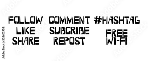 Set of handwritten web slang text for social media and blog posts. Follow, like, share, repost, subcribe, comment,hashtag, free wi-fi lettering inscription for blogger or group