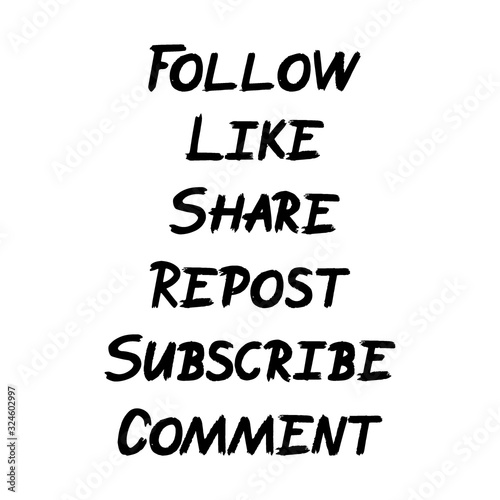 Set of handwritten web slang text for social media and blog posts. Follow, like, share, repost, subcribe, comment lettering inscription for blogger or group. For site, blog, icon, new post, page