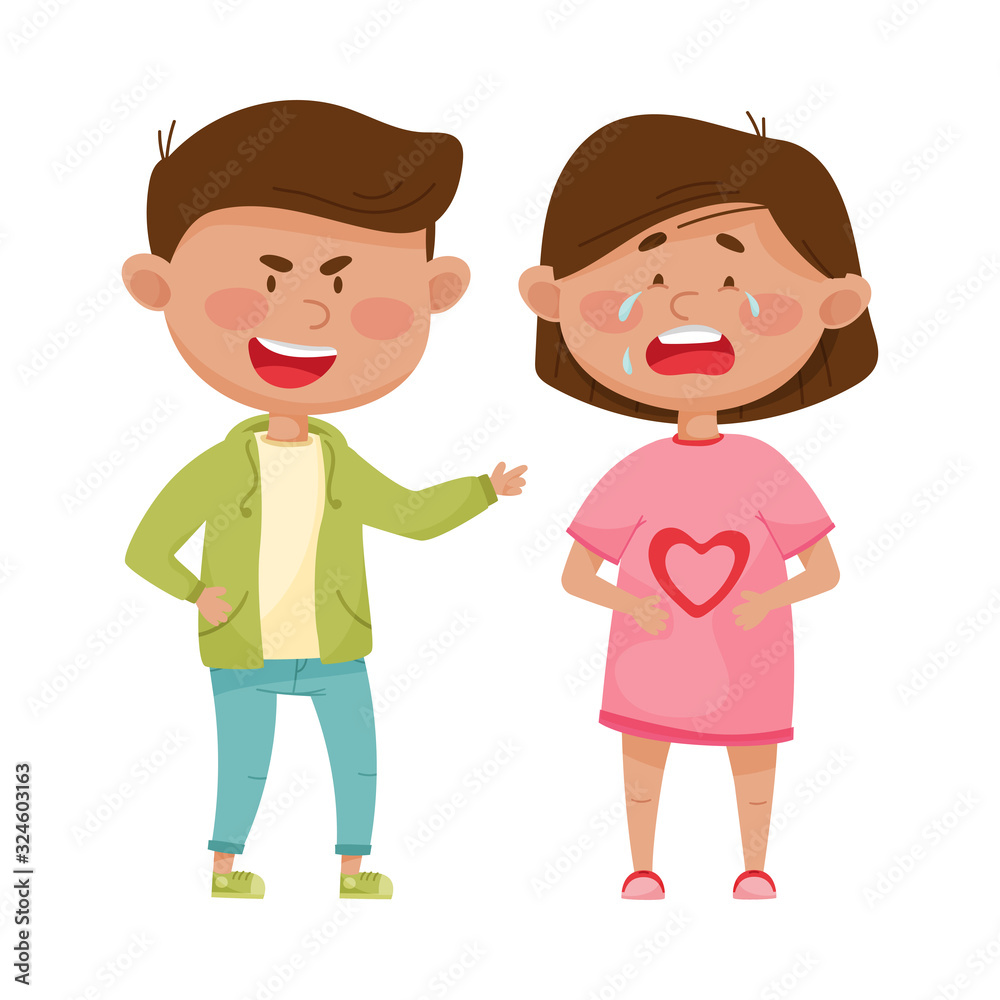Little Boy Teasing and Laughing at Crying Girl Vector Illustration