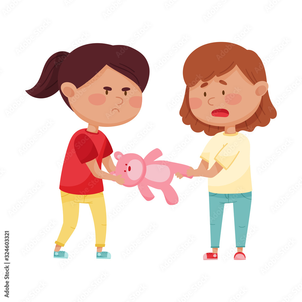 Little Girl with Aggressive Face Expression Taking Away Toy Bear from Her Agemate Vector Illustration Little Girl with Aggressive Face Expression Taking Away Toy Bear from Her Agemate Vector Illustration
