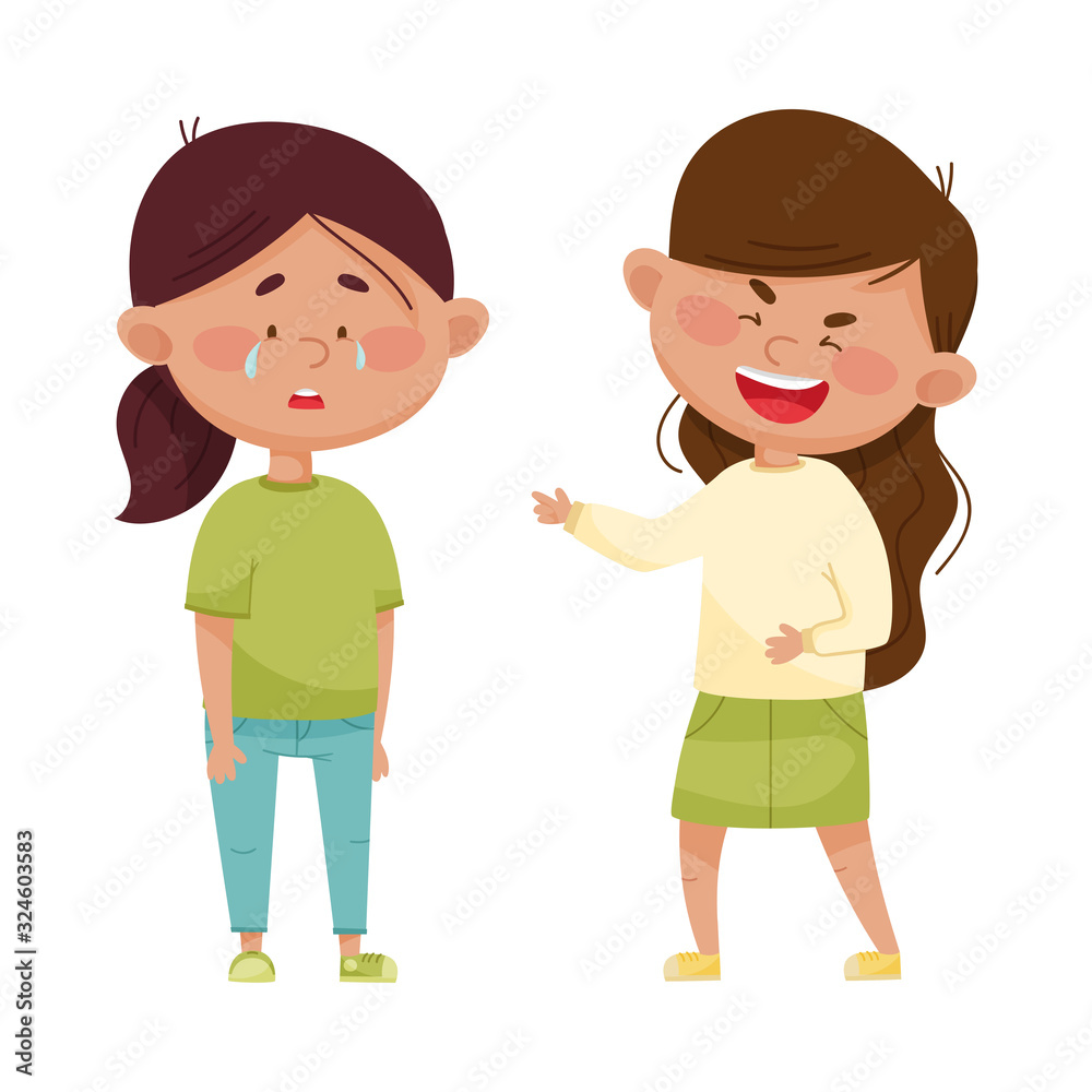 Little Girl Teasing and Laughing at Her Crying Agemate Vector Illustration