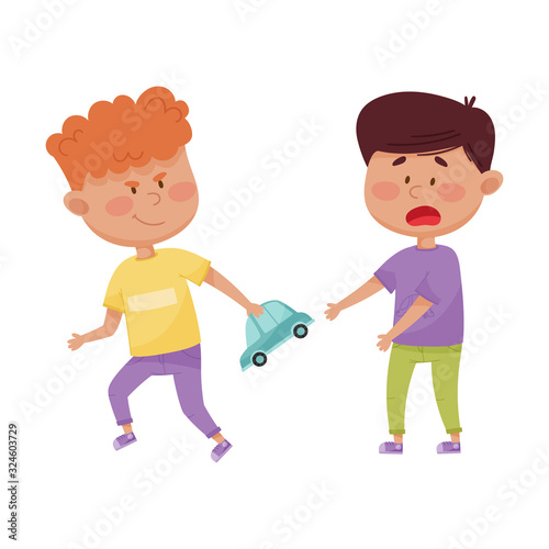 Little Boy with Grin on His Face Taking Away Toy Car from His Agemate Vector Illustration