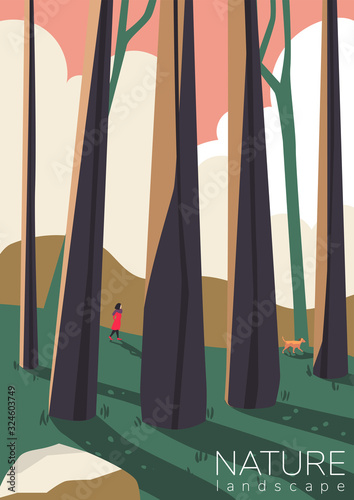 Beautiful forest landscape. Girl walks with a dog. Flat design. Trendy vector illustration.