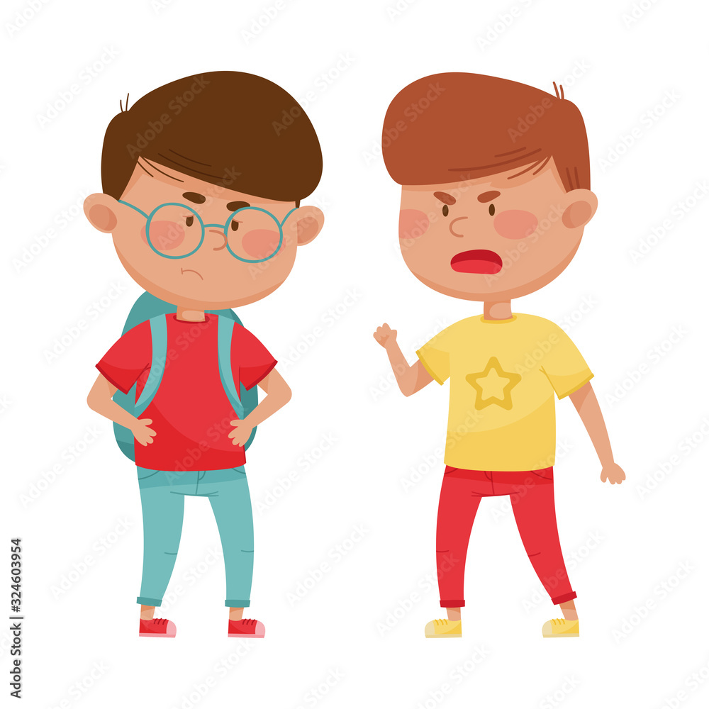 Little Boy with Angry Face Shouting at His Agemate Vector Illustration Little Boy with Angry Face Shouting at His Agemate Vector Illustration