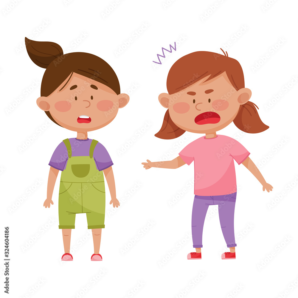 Little Girl with Angry Face Standing and Shouting at Her Agemate Vector Illustration