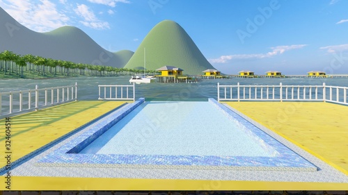 Bungalow resort on island, French Polynesia 3d rendering