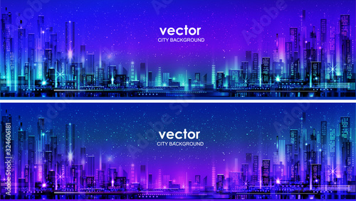 Vector night city illustration with neon glow and vivid colors.