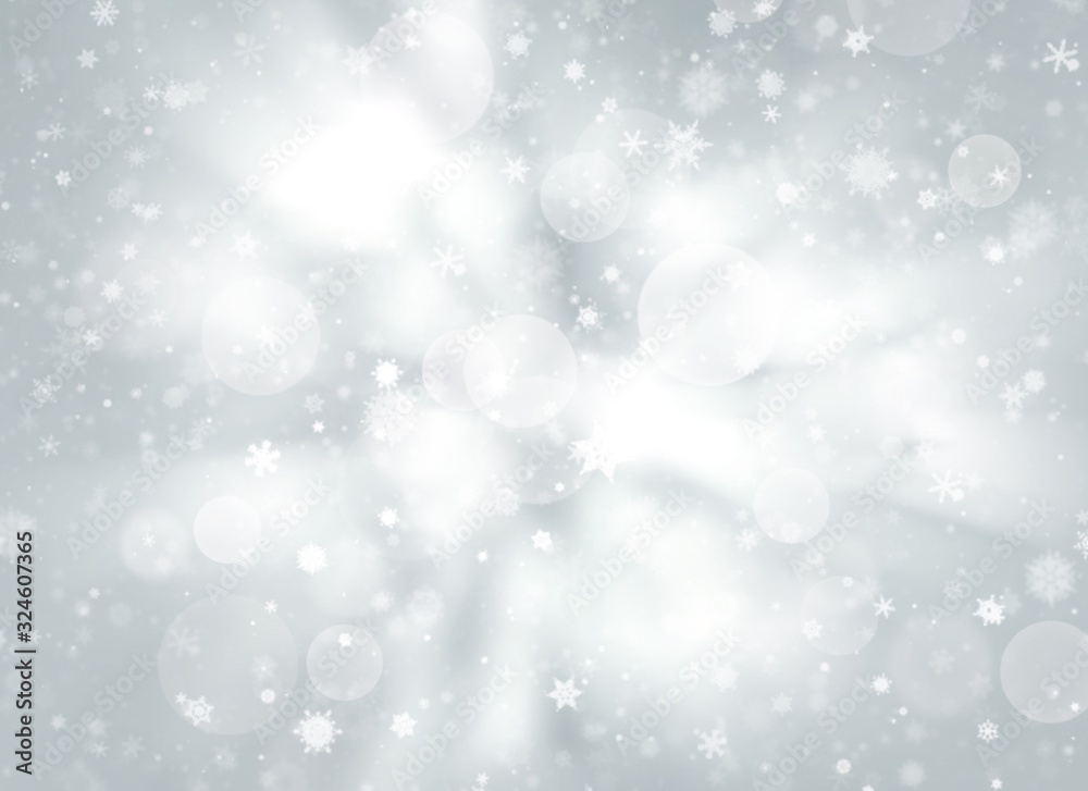 Gray abstract background. white bokeh stars blurred beautiful shiny lights and snowflake, use wallpaper backdrop Christmas wedding card and texture your product.