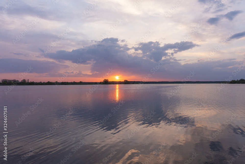 Fototapeta premium Beautiful summer landscape on the river, with beautiful evening sky.