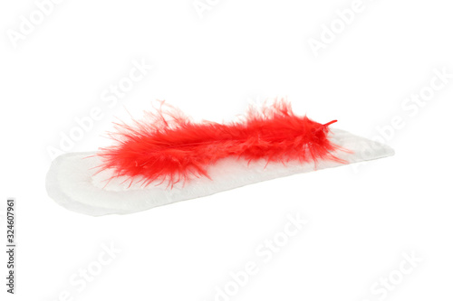 Sanitary pad with red feather isolated on white background